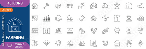 Farming icon set. Containing Farm, Farmer, Agricultural, Cow, Pig, Lamb, Chicken, Bee, Windmill, Wheat, Corn, Harvesting and etc. Editable stroke. Vector illustration