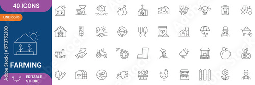 Farming icon set. Containing Farm, Farmer, Agricultural, Cow, Pig, Lamb, Chicken, Bee, Windmill, Wheat, Corn, Harvesting and etc. Editable stroke. Vector illustration