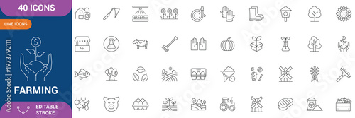Farming icon set. Containing Farm, Farmer, Agricultural, Cow, Pig, Lamb, Chicken, Bee, Windmill, Wheat, Corn, Harvesting and etc. Editable stroke. Vector illustration