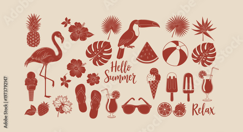 Vintage Summer Tropical Icon Set with Flamingo Toucan Pineapple Flowers and Ice Cream Elements