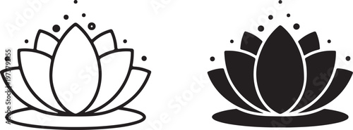 Lotus Flower Icons, Black and White Vector Graphics, Minimalist Design Elements isolated on Transparent Background
