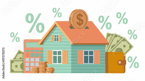 Real Estate Finance Concept with House, Savings, Mortgage, and Interest
