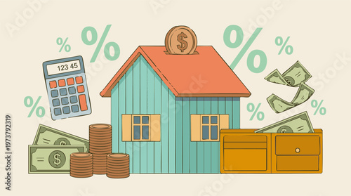 Home Finance and Investment Concept: Saving Money for a House with Interest Rates