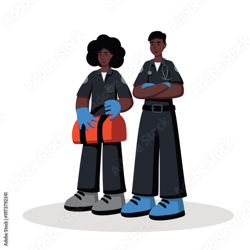 African-American emergency doctors are standing full-length, vector illustration, flat
