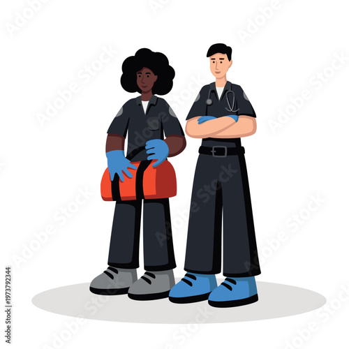 Ambulance doctors African-American and European standing in full height, vector illustration, flat
