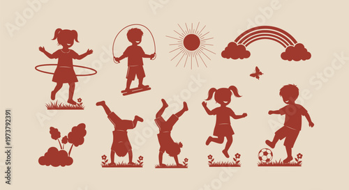 Happy kids silhouettes playing outdoors with hula hoop jump rope and soccer ball vector illustration