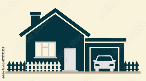 Minimalist house and garage with car and fence illustration