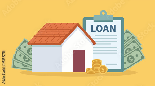 Home Loan Concept: House, Document, Money, and Coins Illustration