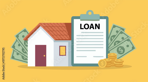 Home loan application with money and house on yellow background