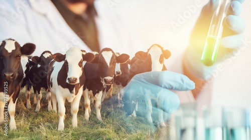 A double exposure blends a researcher analyzing samples in a lab with a serene herd of cows in soft golden light. Macro detail of gloved hands and green liquid highlights veterinary science.