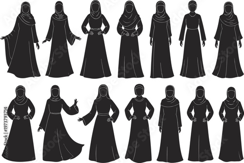 Modest fashion silhouette collection, women in dresses and headscarves, cultural clothing illustration, traditional apparel catalog, black vector design reference art
