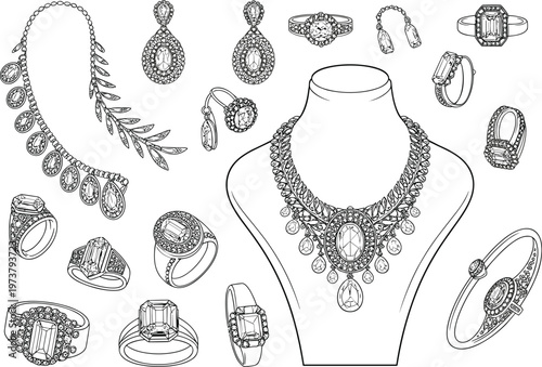 Luxury, jewelry, collection, featuring, diamond, necklaces, elegant, rings, sparkling, earrings, and, bangles, set, on, a, mannequin, bust, in, detailed, line, art.
