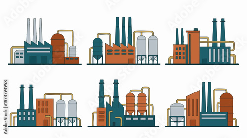 Set of modern industrial factory buildings and plants vector illustrations