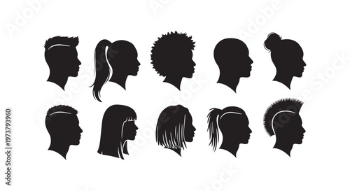 A collection of black circular icons arranged in two rows representing diverse concepts like settings and social media