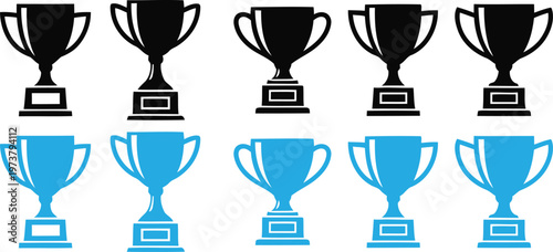 Title collection of trophies gold and blue awards for achievement and success description a row of black and a row of blue