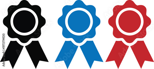 Three award ribbons black blue and red recognition and achievement