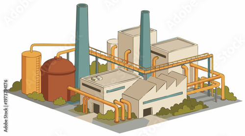 Isometric industrial factory with smokestacks, pipes, and storage tanks