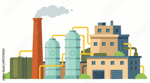 Industrial factory building with smoking chimney and storage tanks, flat design