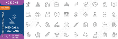 Medical & Healthcare icon set. Containing medical, pharmacy, cardiology, doctor, nurse, insurance, test tube and etc. Editable stroke. Vector illustration