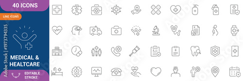 Medical & Healthcare icon set. Containing medical, pharmacy, cardiology, doctor, nurse, insurance, test tube and etc. Editable stroke. Vector illustration
