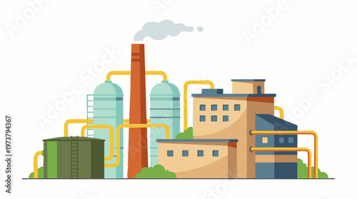 Industrial factory complex with smokestack, storage tanks, and buildings
