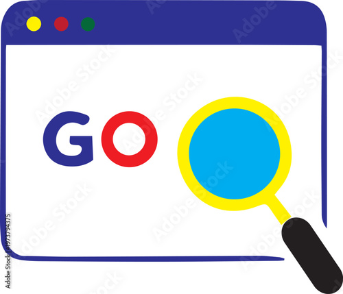 Digital Exploration: A magnifying glass hovers over a browser window displaying the word GO, symbolizing the start of online search and discovery.