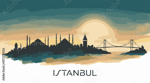 Istanbul city skyline silhouette with famous landmarks at sunset illustration
