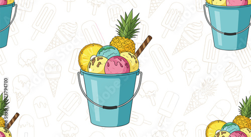 Fun repeat pattern background features buckets filled with multi colored ice cream scoops and fresh pineapple slices.