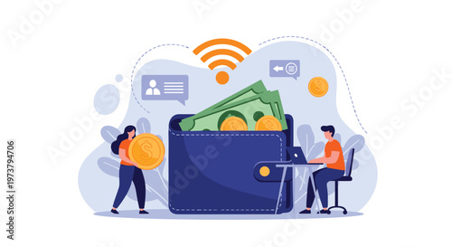 Digital wallet concept shows people managing online payments and transactions using a giant wallet and mobile devices.