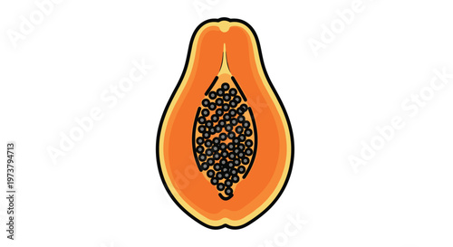 Half of a ripe papaya fruit showing its orange flesh and black seeds represents healthy tropical produce and vitamins.