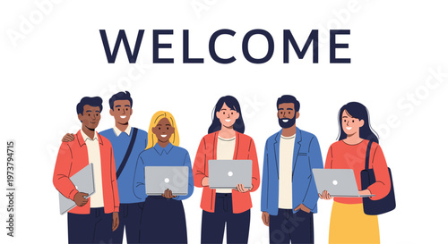 Diverse group of smiling professionals holding laptops welcomes new members under a large welcome text banner.