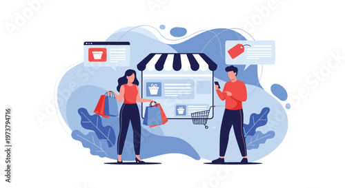 Online shopping concept features people with bags standing in front of a digital storefront with tags and icons.