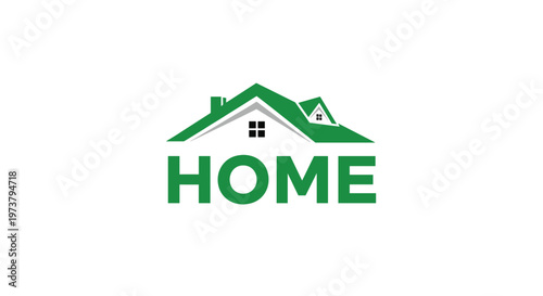 Simple real estate logo design features a green house roof with the word home written in bold capital letters.