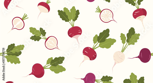 Repeating pattern of red radishes with green leaves on a light background provides a fresh vegetable design element.