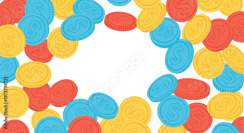 Colorful pattern of falling blue, red, and yellow dollar coins creates a dynamic background for finance and wealth.