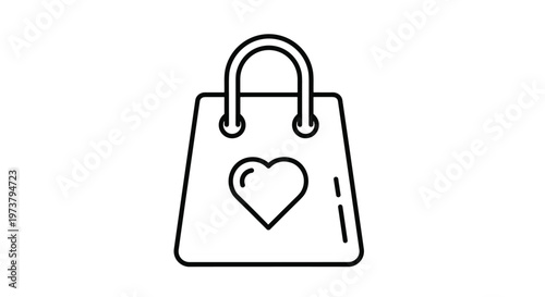 Line art icon of a paper shopping bag with a heart symbol represents ethical consumerism and loving to shop online.