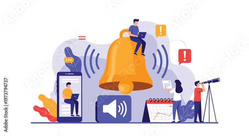 Notification and alert system concept with people working around a giant golden bell with various office icons and communication tools.