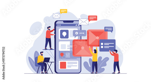 Mobile app development and communication concept with people building a social media interface on a giant smartphone with message icons.