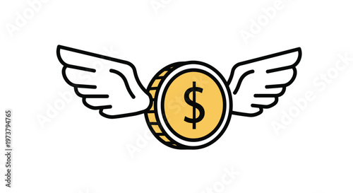 Gold coin with wings in a clean outline vector illustration representing fast money transfers, financial freedom, or economic inflation.