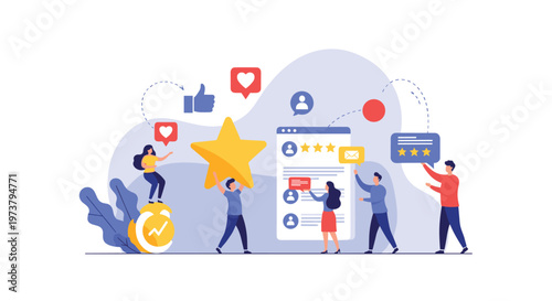 Customer feedback and social media marketing concept with people interacting with star ratings and heart icons around a user profile page.