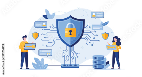 Cybersecurity and data protection concept with people working around a large digital shield with a padlock and computer circuit board lines.