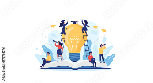 Education and creative thinking concept with students climbing ladders on a giant lightbulb and an open book to reach academic success.