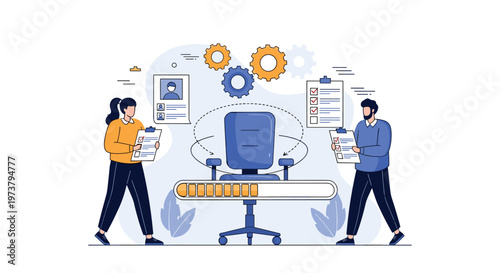 Recruitment and hiring process concept with HR professionals checking documents next to an office chair on a moving industrial conveyor belt.