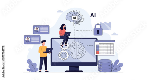 Artificial intelligence technology concept with people working on a computer screen displaying a brain with gears and machine learning icons.