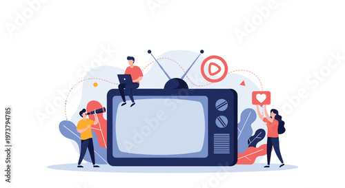 Media broadcasting and video content concept with people interacting with a large vintage television set featuring social media icons and tools.