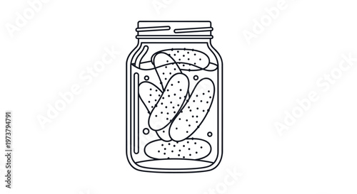 Glass jar filled with whole pickles in a clean black and white line art vector illustration style for food preservation and pantry themes.