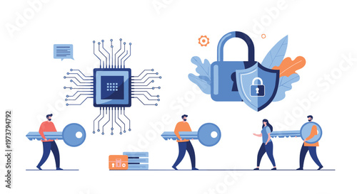 Data encryption and digital security concept with people carrying giant keys to a computer processor chip protected by a large padlock shield.