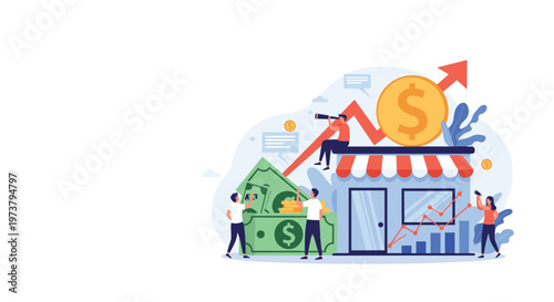 Retail business growth and shop success concept with people working around a storefront with rising financial charts and large gold coins.