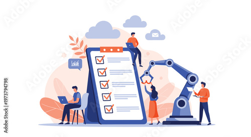 Automation and quality control concept with people using a giant checklist and a robotic arm to monitor industrial workflows and efficiency.