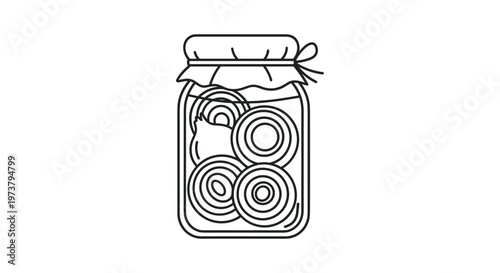 Glass jar containing sliced onion rings in a simple black and white line art vector illustration for food preservation and cooking themes.